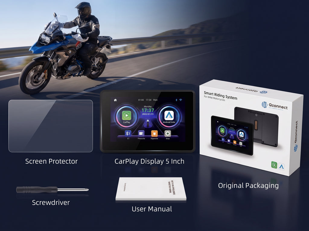 Qzonnect 5" Wireless CarPlay & Android Auto Smart Display for BMW Motorrad (Fits Original Nav Prep)