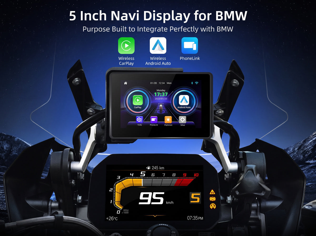 Qzonnect 5" Wireless CarPlay & Android Auto Smart Display for BMW Motorrad (Fits Original Nav Prep)